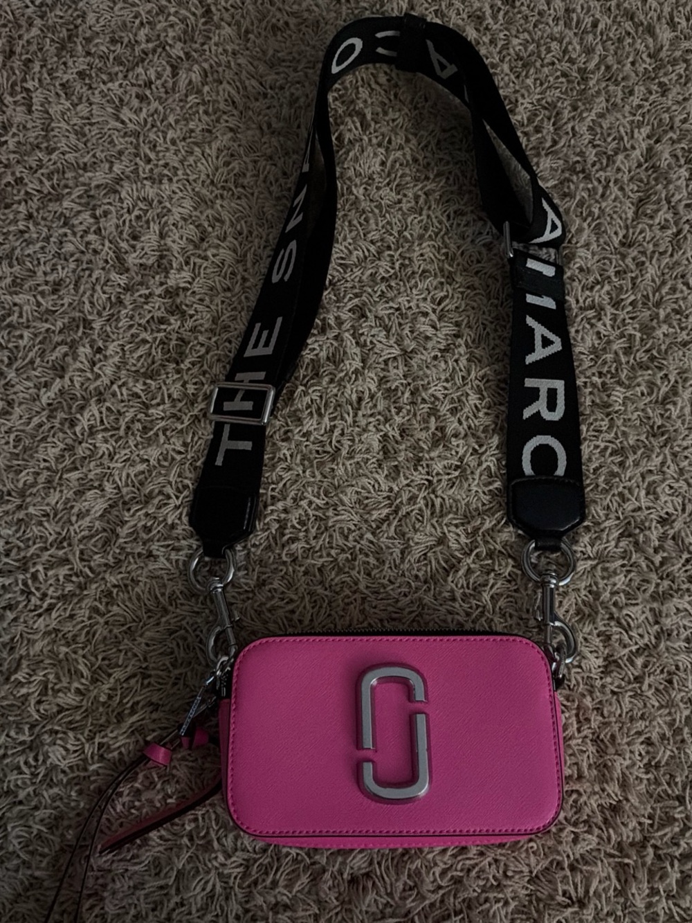 Marc Jacobs Hot Pink Snapshot Crossbody with Black Logo Strap